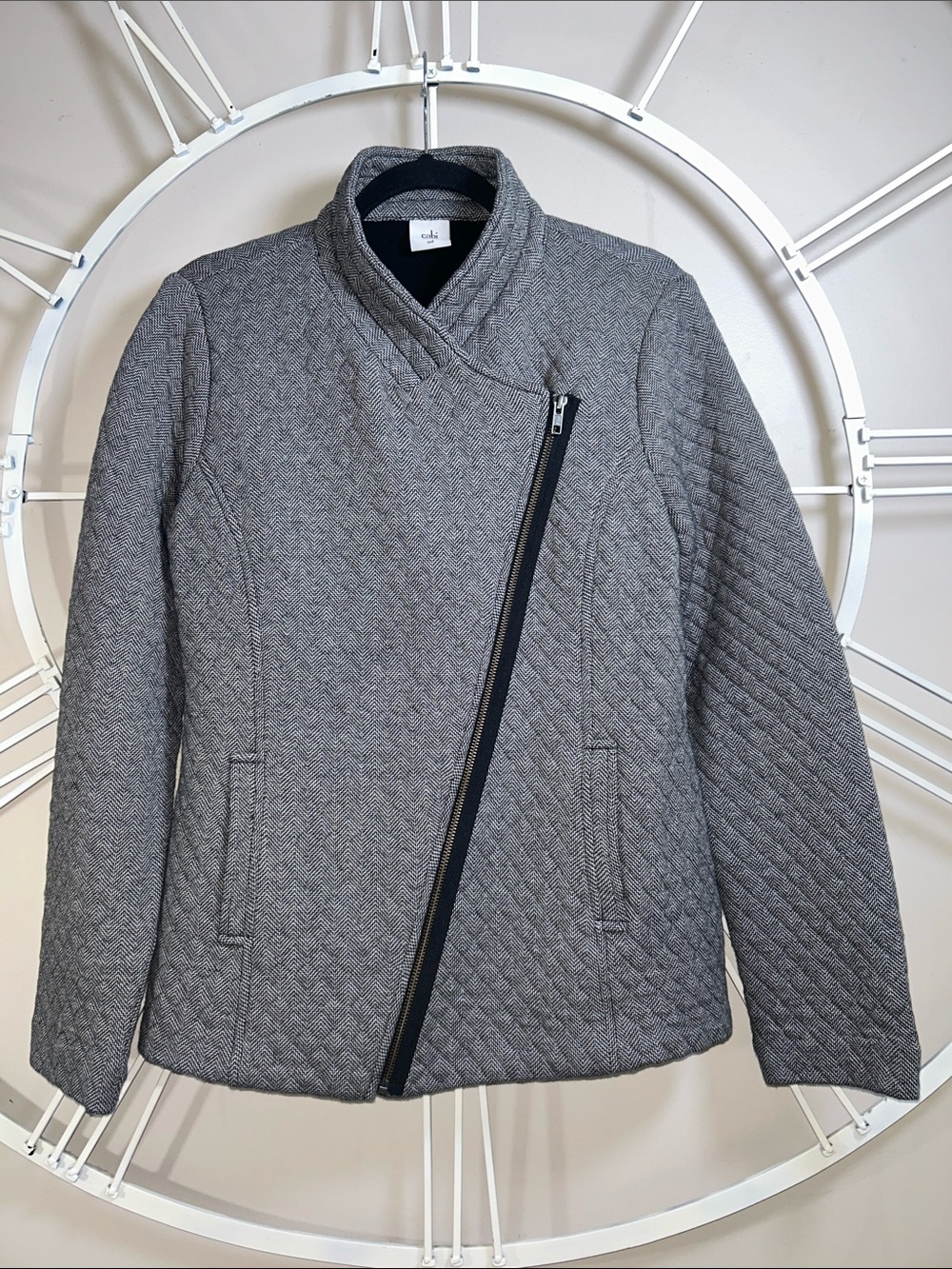 CAbi Herringbone Gray Quilted Asymmetrical Zip Bomber Moto Jacket